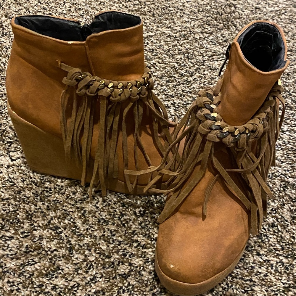 Brown wedge booties